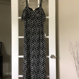 Full length black and white dress.